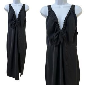Abercrombie & Fitch Cinched V Neck Slip Midi Dress Size L Black Side Slit Gothic